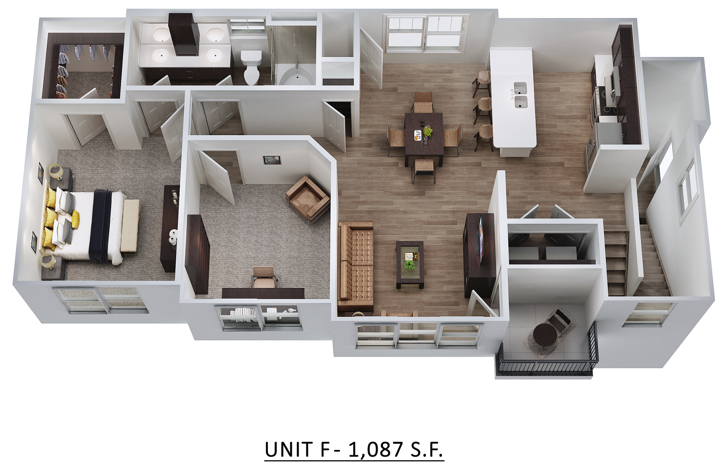 Floor plan for 1 bed, 1 bath, 1087 sqft